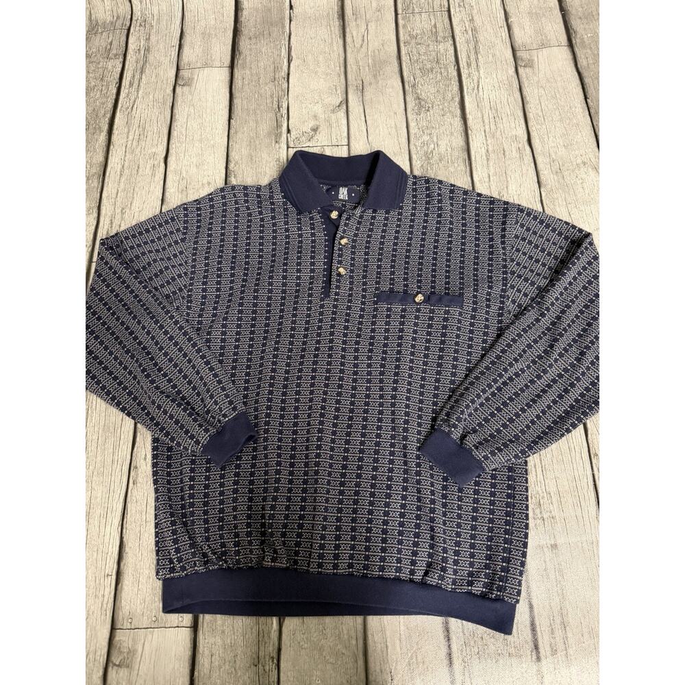 Vintage Men’s Oak Creek Long Sleeve Banded Hem Polo Medium Navy Pattern Pocket